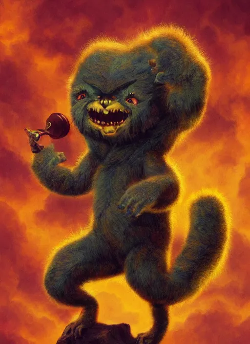 Prompt: biblical cute daemonic fruit furry monster, dynamic pose, in clouds, sunset, in a forest, big eyes, portrait by greg hildebrandt, studio lighting, muted colors, by terry richardson, by frank frazetta, extreme detail, reflections, trending on artstation, 8 k