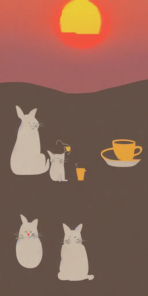 Image similar to a cat and a rabbit sit and drink coffee in the sunset