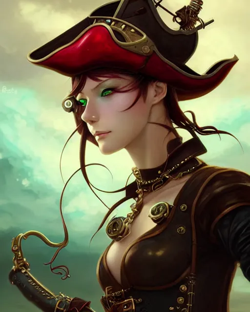 Prompt: a beautiful close up portrait 2D illustration of a young female steampunk pirate wearing leather armor on gold and red trimmings on green, by Charlie Bowater, tom bagshaw, Artgerm and Lois Van Baarle, beautiful anime face, very cool pose, pirate ship with an epic sky background, pondering face, smart look, cinematic anime lighting and composition, fantasy painting, very detailed, ornate, trending on artstation and pinterest, deviantart, google images