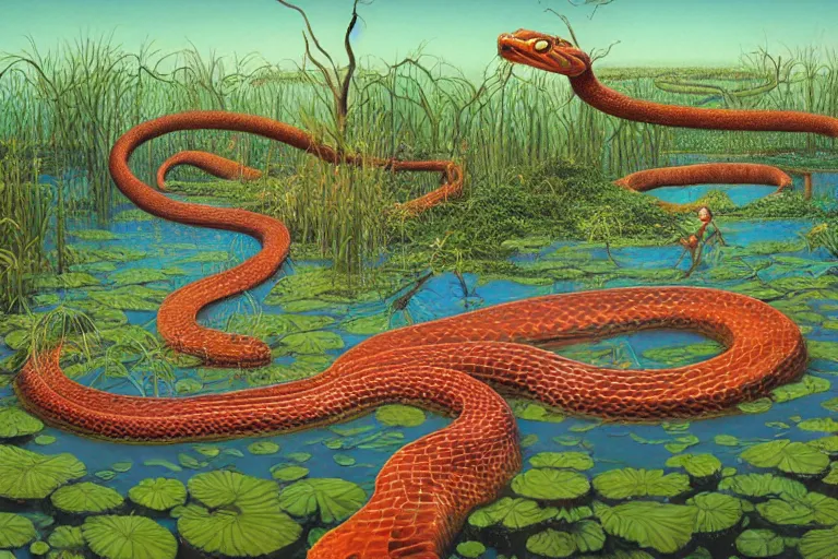 Image similar to Snake oil salesman searching the swamps of Formosa for the elusive water snake, painting by Roger Dean, painting by Naomi Okubo