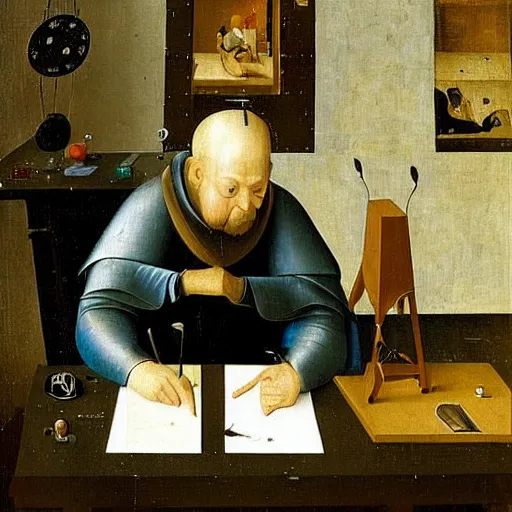 Prompt: a computer hacker working at his desk by hieronymus bosch, highly detailed, realistic