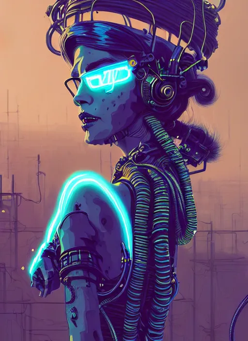 Image similar to highly detailed portrait of wasteland punk long curly neon blue electricity hair tribal lady, stray electric spark wiring by atey ghailan, james gilleard, by joe fenton, by greg rutkowski, by greg tocchini, by kaethe butcher, 4 k resolution, gradient yellow, black and white color scheme!!! ( ( lightning cloudy robotic dystopian city background ) )