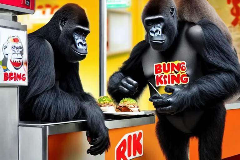 Prompt: a gorilla ordering at burger king