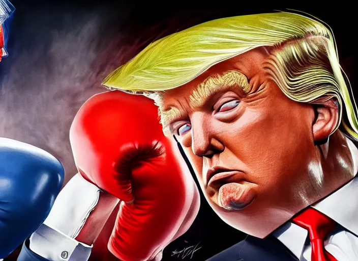 Prompt: hyper detailed ultra sharp full body character portrait of donald trump in a boxing match with joe biden, cinematic lighting, good value control, league of legends splash art, photorealistic eyes, smooth, realistic shading, enhance face, painted texture maps,