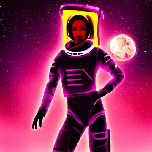 Image similar to A wide angle shot from below of a female astronaut with a feminine body walking with swagger towards camera on mars in an infinite universe , synthwave digital art