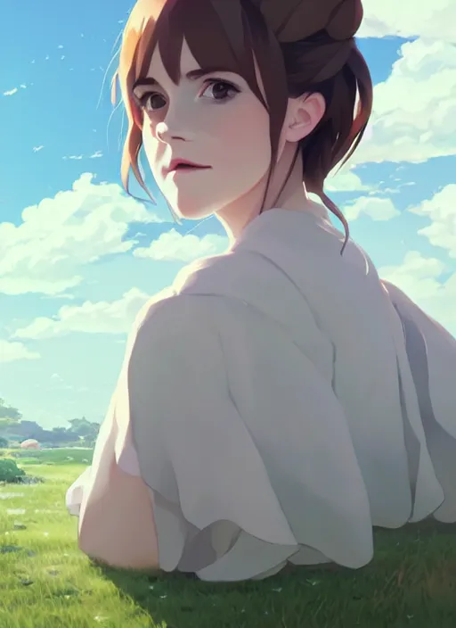 Image similar to portrait of emma watson, cloudy sky background lush landscape illustration concept art anime key visual trending pixiv fanbox by wlop and greg rutkowski and makoto shinkai and studio ghibli