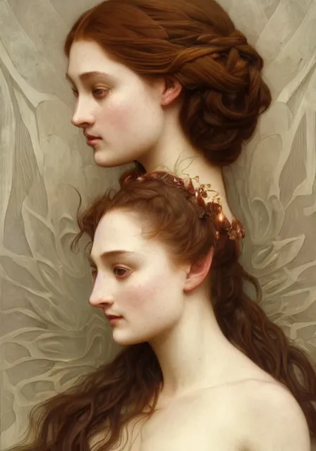 Image similar to portrait of sansa and sersei, intricate, elegant, highly detailed, digital painting, artstation, concept art, smooth, sharp focus, illustration, art by artgerm and greg rutkowski and alphonse mucha and william - adolphe bouguereau