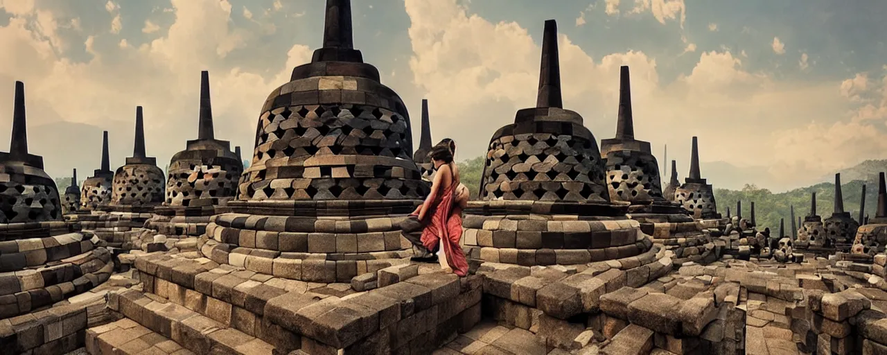 Image similar to most epic dramatic borobudur temple picture. epic cinematic hyperrealism masterpiece. realistic poster with shaded lighting by craig mallismo, artgerm, jeremy lipkin and michael garmash, unreal engine, radiant light, detailed and complex environment, digital art, art station trends