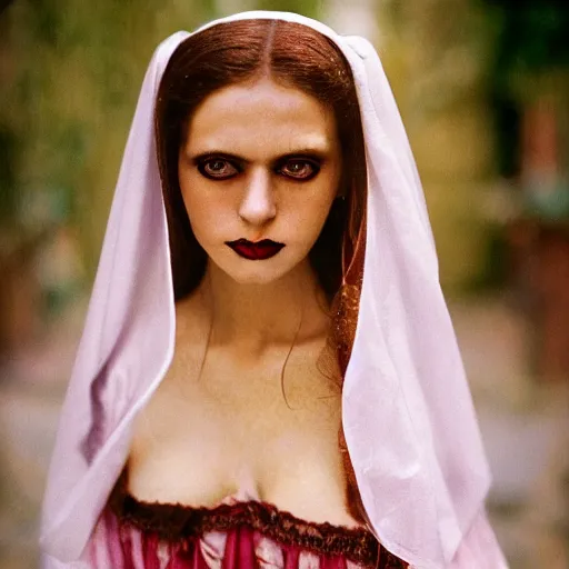 Prompt: A beautiful portrait of a lady vampire, victorian, photography, 35mm, depth of field, bokeh, soft light, cinematic, steve mccurry