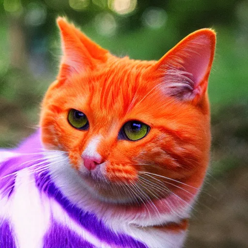 Image similar to orange cat, colored purple like the cheshire cat, photo