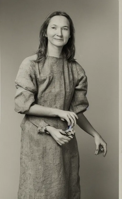 Image similar to a studio portrait of a woman wearing sustainable clothing made from the combination of bacteria, yeast, sugar, and tea, half - body shot