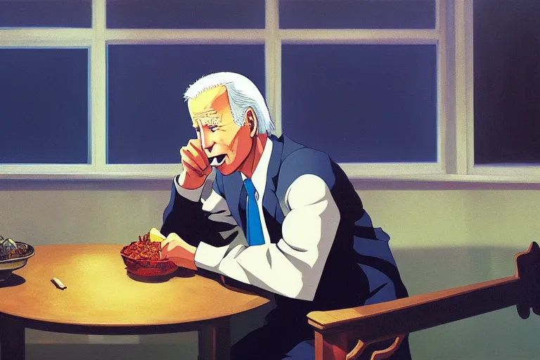 Prompt: anime key visual of joe biden eating all of the carbon credits, style of jamie wyeth james gilleard edward hopper greg rutkowski acrylic painting, preserved museum piece, historical