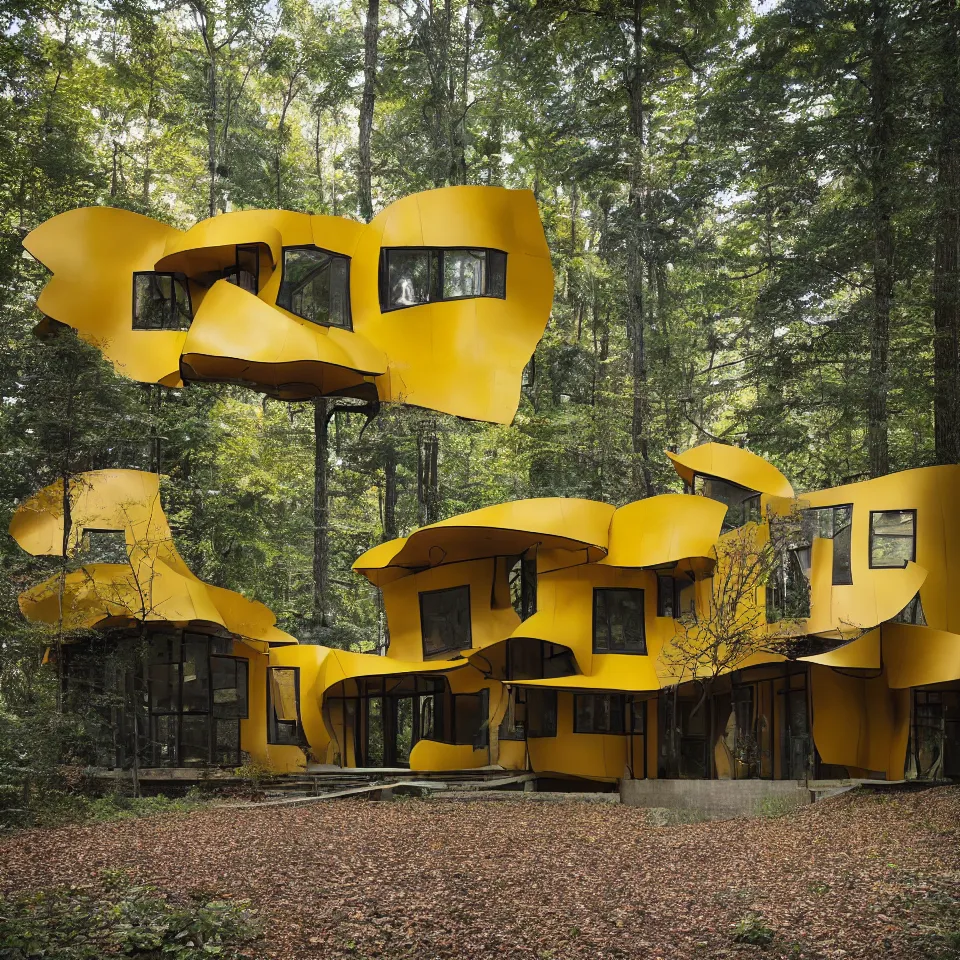 Prompt: architecture ad for a 1 story mid-century modern house in the middle of the forest, designed by Frank Gehry. Film grain, cinematic, yellow hue