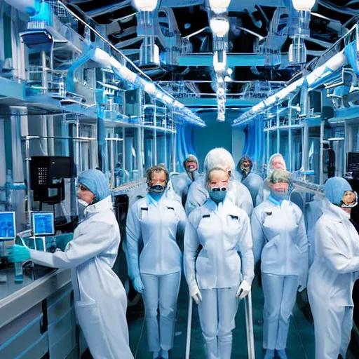 Image similar to troop of females of varying heights and body shapes in formation, white hair, tight light blue neopren suits, in rows, futuristic chemistry lab, sci - fi, highly detailed, cinematic