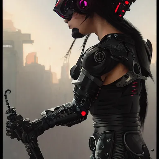 Prompt: cyberpunk goth girl wearing cybernetic body armor, intricate, art by artgerm and greg rutkowski and alphonse mucha and william - adolphe bouguereau, high detailed, 4 k,