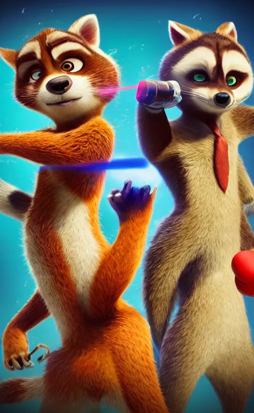 Image similar to “red racoon holding laser gun standing face to face off with blue racoon holding laser gun, boxing style face off, cinematic, dramatic in the style of zootopia”