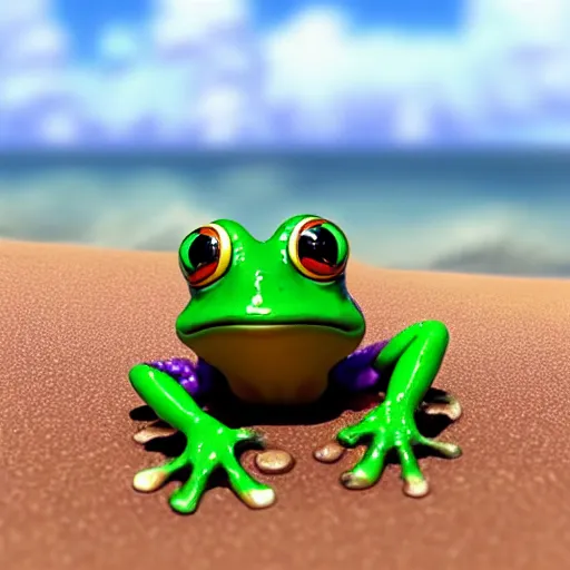 Prompt: 3 d octane chibi frog character surfing at the beach, pixar style