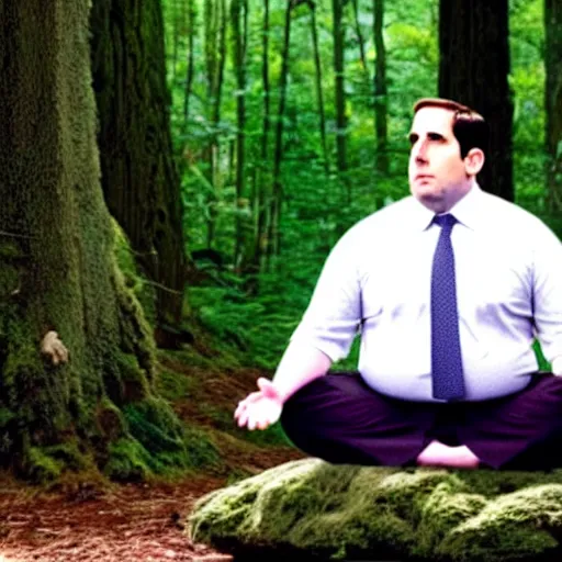 Image similar to chubby Michael Scott meditate in the Forest