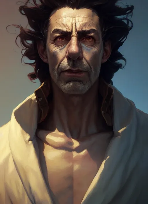 Image similar to concept art by artgerm, amazingly beautiful portrait of a hyper realistic, frowning, sad rick sanchez by greg rutkowski, artgerm, alphonse mucha, concept art, octane render, highly detailed, high quality, 8 k, soft lighting, path traced, and uang guangjian and gil elvgren, symmetry!!