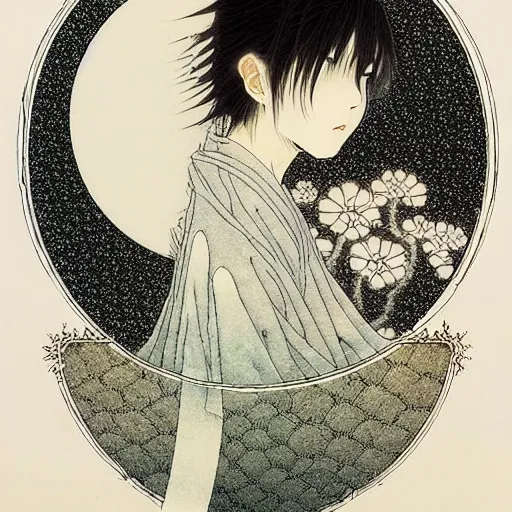 Image similar to prompt: Fragile looking vessel portrait soft light drawn by Takato Yamamoto, inspired by Fables, ancient crown, magical and alchemical weapons, soft light, white background, intricate detail, intricate ink painting detail, sharp high detail, manga and anime 2000