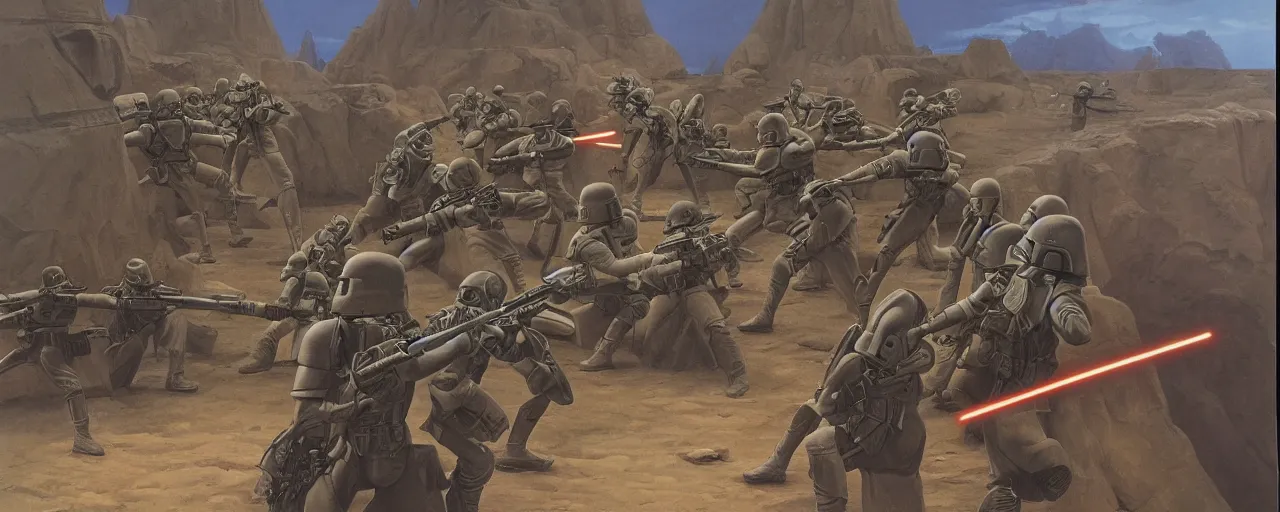 Image similar to a highly detailed matte painting of fighting soldiers by Ralph McQuarrie, The Art of Star Wars