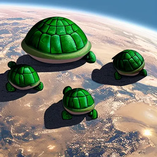 Prompt: a stack of turtles in space beneath a globe of the earth, earth globe on top