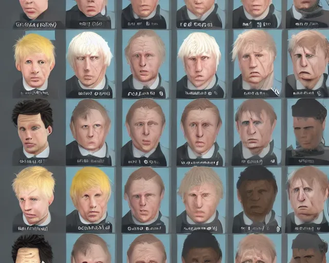 Image similar to boris johnson in 1 0 0 different styles, character art sheet, by various concept artists, redshift render, hyperrealistic face, photorealistic render