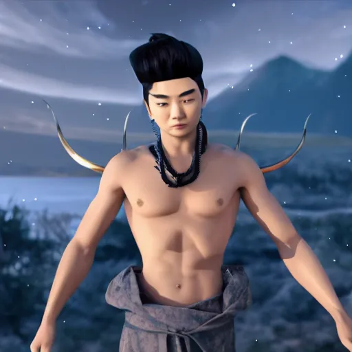 Prompt: a beautiful japanese male god sourrounded by borealis, unreal engine 5 cinematic