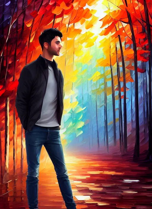 Prompt: handsome young man with short black hair, male, full detailed clothing, half body shot, arms down, path traced, highly detailed, high quality, digital painting, alena aenami, leonid afremov, lilia alvarado, shinji aramaki, karol bak