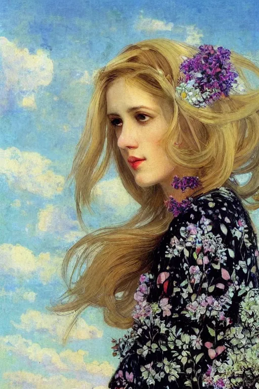 Image similar to close - up fashion blonde woman portrait airy flowers cloudy sky art by vasnetsov