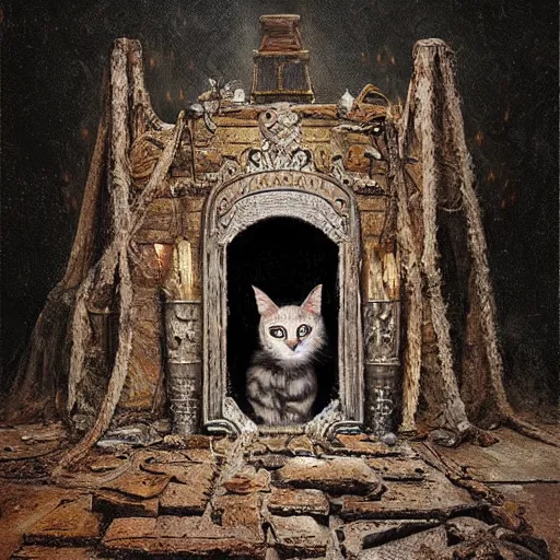 Prompt: a mummified cat with fiery eyes sitting on a very ornate throne inside a pyramid by greg rutkowski and anton semenov, oil on canvas, the vibe is dark and ominous