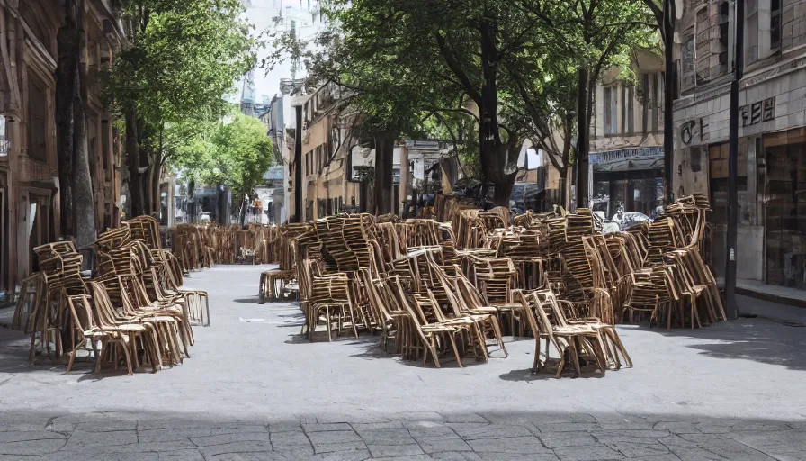 Image similar to chairs piled up ten meters high along the walls of the street, hyperrealistic shaded