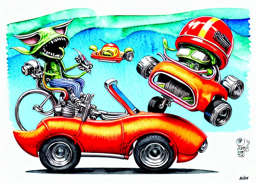 Image similar to cute and funny, ( stripe gremlin ) wearing a helmet riding in a hot rod with oversized engine, ratfink style by ed roth, centered award winning watercolor pen illustration, isometric illustration by chihiro iwasaki, edited by range murata, tiny details by artgerm and watercolor girl, symmetrically isometrically centered