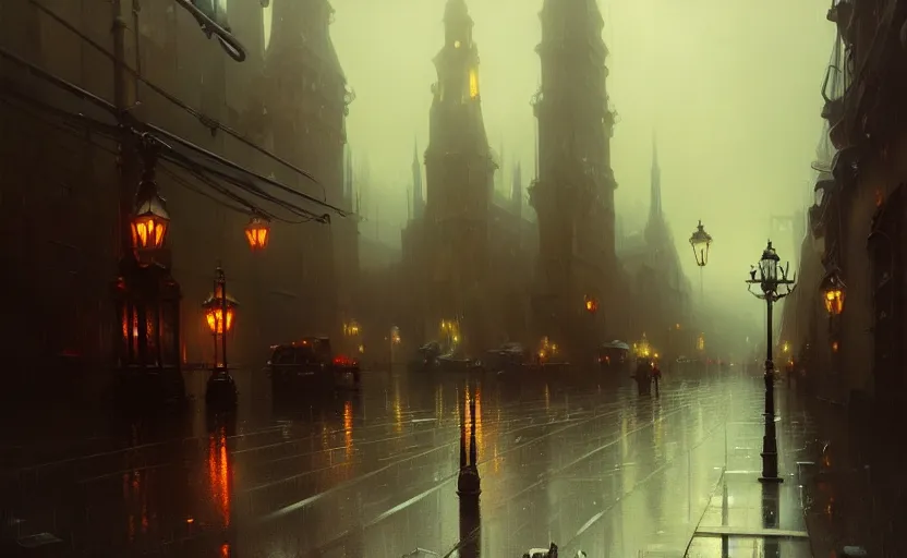 Image similar to a victorian city with rainy and moody cinematic lighting by darek zabrocki and greg ruthkowski, alphonse mucha, simon stalenhag and cinematic and atmospheric, concept art, artstation, trending on artstation