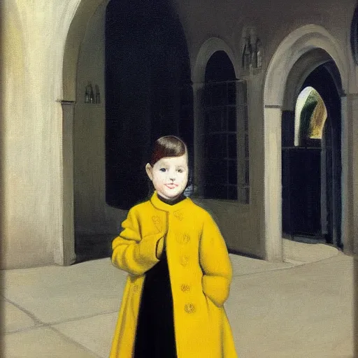 Prompt: a painting of a little girl with short black hair and wearing a yellow coat far away alone in the inner courtyard of an abbey by hopper and de chirico