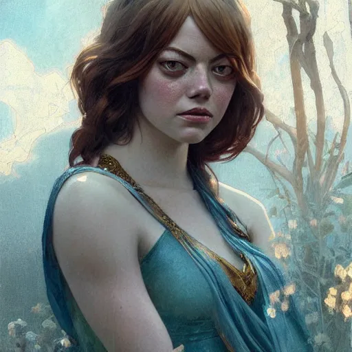 Image similar to Emma Stone as a Greek goddes, gorgeous, amazing, muscular, intricate, highly detailed, digital painting, artstation, concept art, sharp focus, illustration, art by greg rutkowski and alphonse mucha