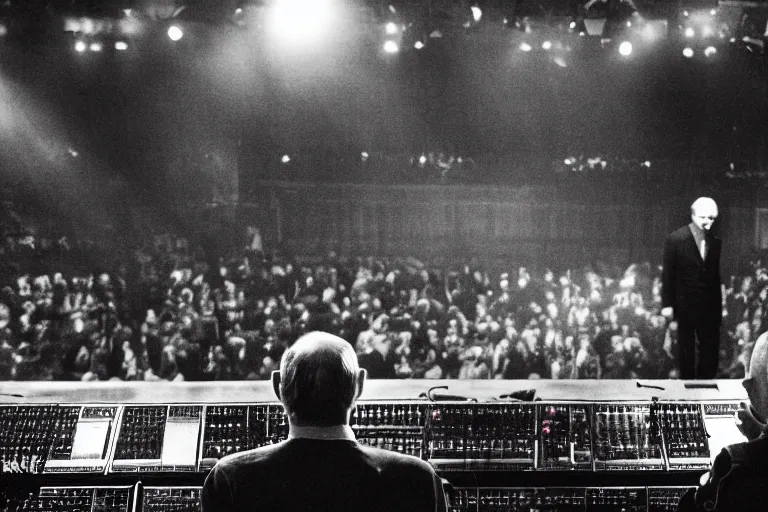 Prompt: Vladimir Putin standing on stage, controlling a wall of modular synthesizers, moody, Documentary style photography