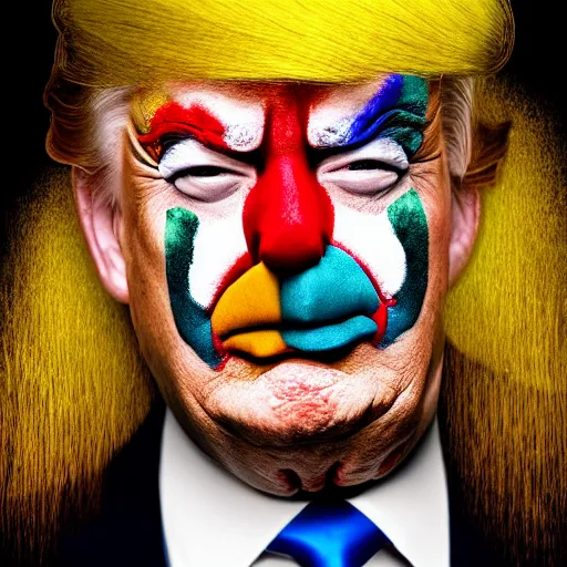 Image similar to Trump wearing clown makeup, XF IQ4, 150MP, 50mm, f/1.4, ISO 200, 1/160s, natural light, Adobe Photoshop, Adobe Lightroom, DxO Photolab, polarizing filter, Sense of Depth, AI enhanced, HDR