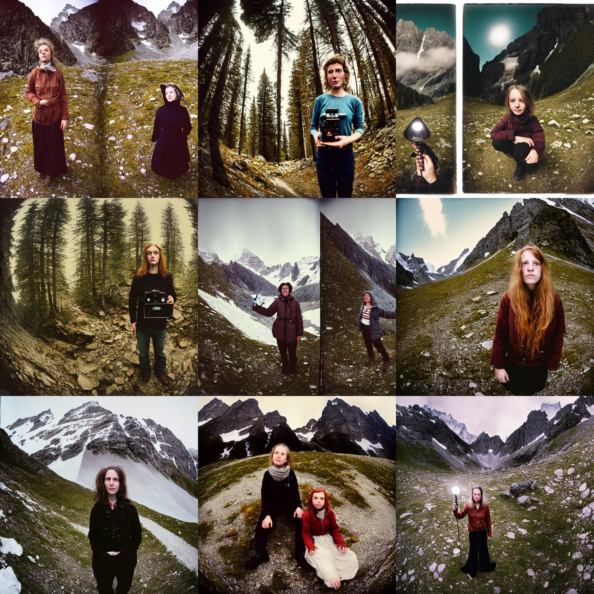 Prompt: kodak portra 4 0 0, wetplate, flashlight, 8 mm extreme fisheye, award - winning portrait by britt marling of heidi meets almohi for the first time at mountain meadow in swiss alps, muted colours
