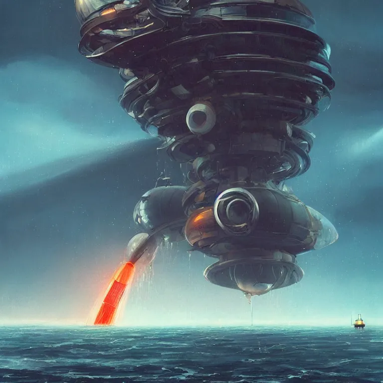 Image similar to mechanical spaceship nautilus dripping wet emerging from a the ocean, launching to space, big booster rocket engines, sci - fi concept art, by john harris, by simon stalenhag, stunning, award winning