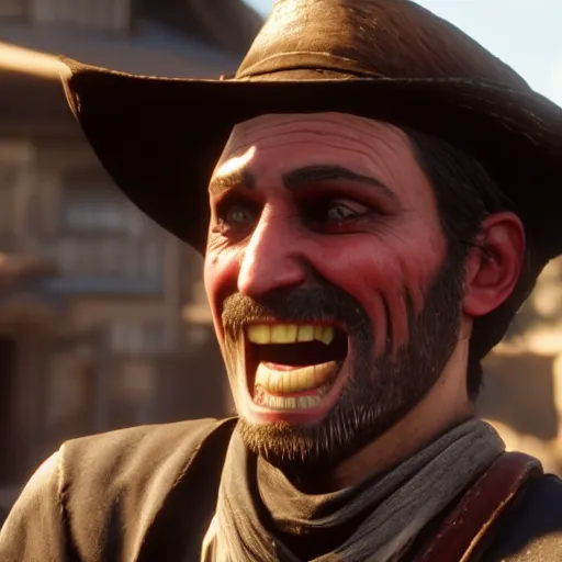 Prompt: Film still of Spanish Laughing Guy, from Red Dead Redemption 2 (2018 video game), no hat, no text