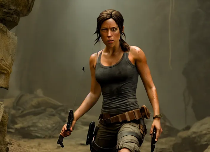 Prompt: films still of aubrey plaza as lara croft in new tomb raider movie, 8 k