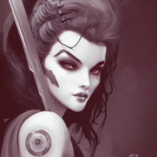 Image similar to ghost belle, heroine, beautiful, young, minimalist, detailed close - up portrait in the style of ross tran, marte gracia, and peter mohrbacher, comic book lineart