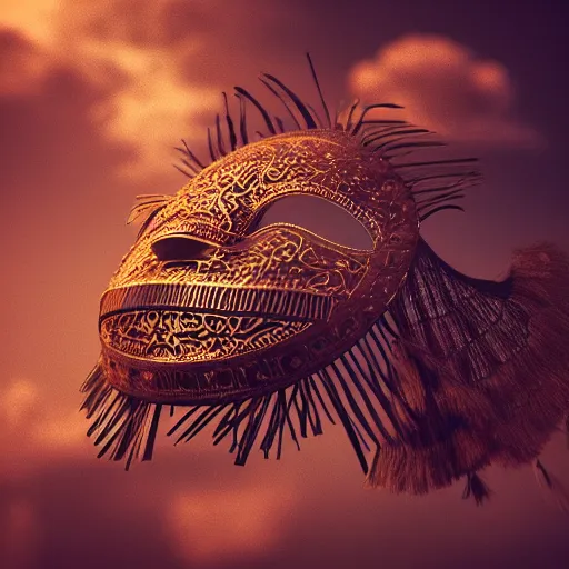 Image similar to an elaborate intricate mask made of wind caught is a cloud vortex, rendered in octane, behance hd, bokeh backdrop