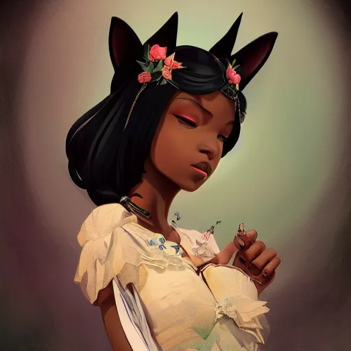 Image similar to a stunning portrait of a black - skinned witch with cat ears wearing an ornate flower dress, beautiful flower dress, by makoto shinkai, wlop, mars ravelo, summer vibes, very coherent symmetrical artwork, perfect face, studio lighting, smooth, sharp focus, 4 k, masterpiece, trending on artstation