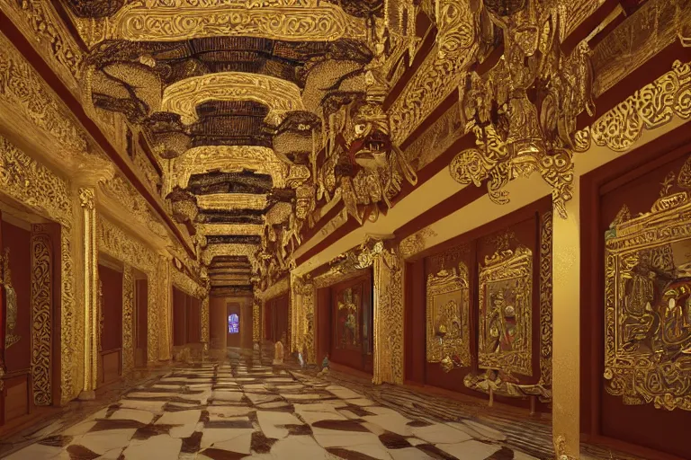 Image similar to Fantasy Asian inspired wide royal palace foyer with infinitely high ceilings, infinitely long corridors, wide grand staircase, Buddhist imagery, bejeweled, natural lighting, digital painting, concept art by Shaddy Safadi