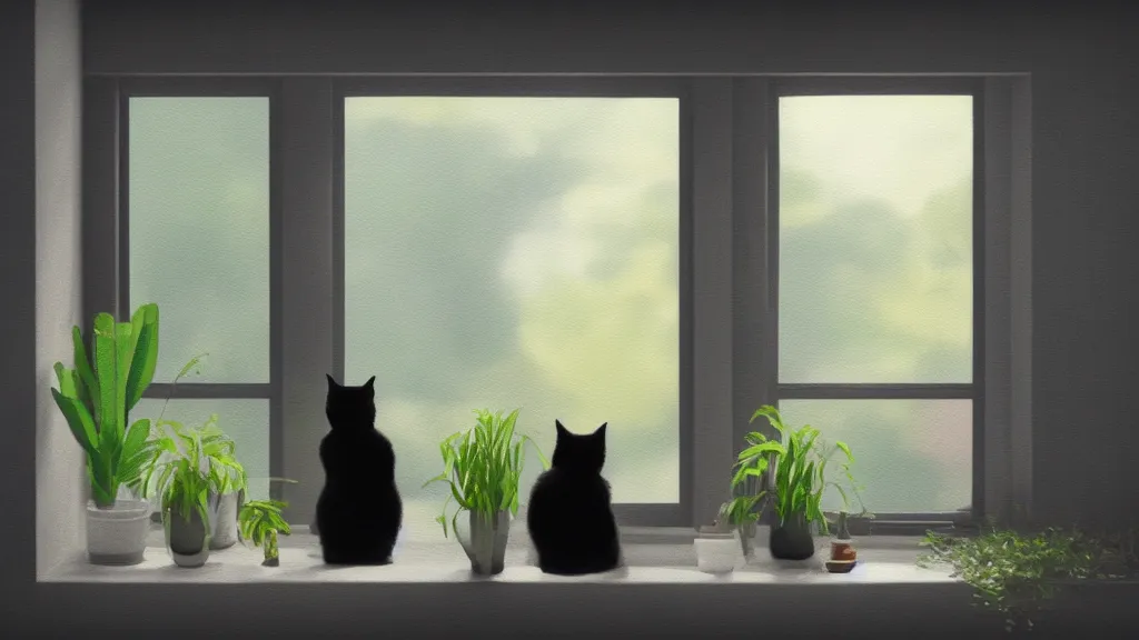 Image similar to peaceful dreamy painting of a black cat sitting by a window and looking outside, a tabby cat outside the window, sunshine coming through the window, small plants on the window sill, 8k, hyper realism, trending on artstation, octane render