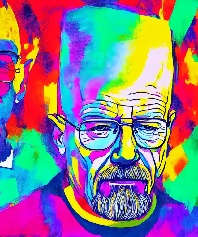 Image similar to a portrait of walter white in a colorful environment