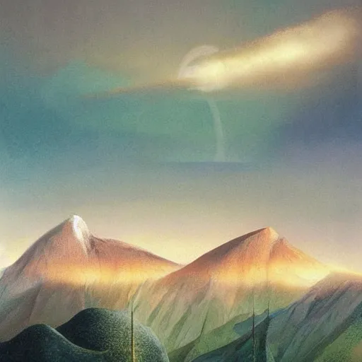 Prompt: beautiful scene from a dream. mountains. digital artwork by vincent bons, michael whelan, remedios varo and gerardo dottori. grainy and rough. interesting pastel colour palette. beautiful light. oil and water colour based on high quality render.