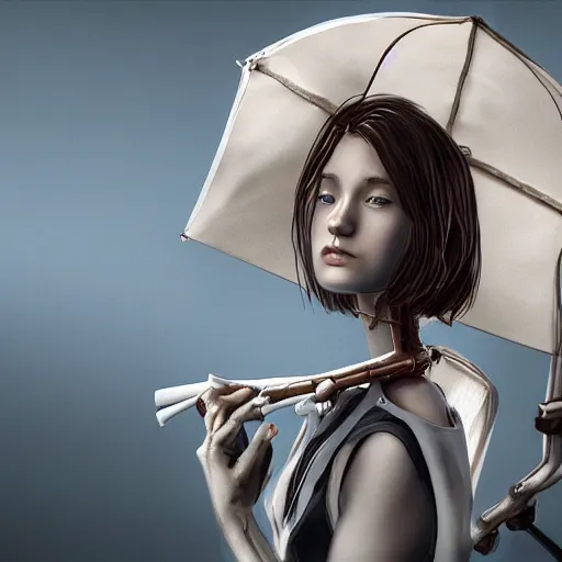 Image similar to portrait of a girl with a skeletal umbrella, digital art, highly detailed, award winning, concept art, intricate, sharp focus, Trending on Artstation HQ, unreal engine 5, 4K UHD image